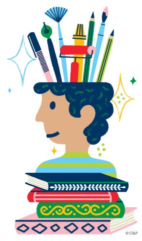 Colorful drawing of a person's head with art supplies coming out of the top.