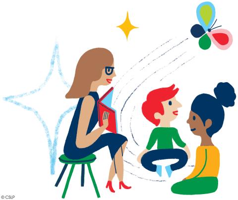 Colorful drawing of a librarian reading to two children.