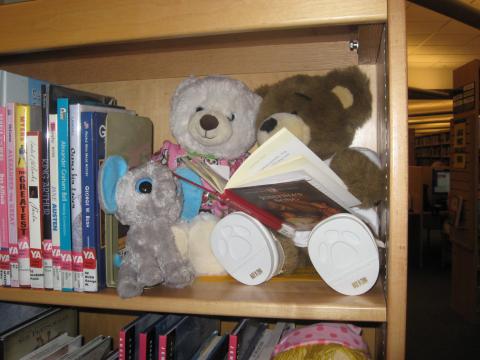 Three stuffed toys are sitting on a bookshelf holding a book.